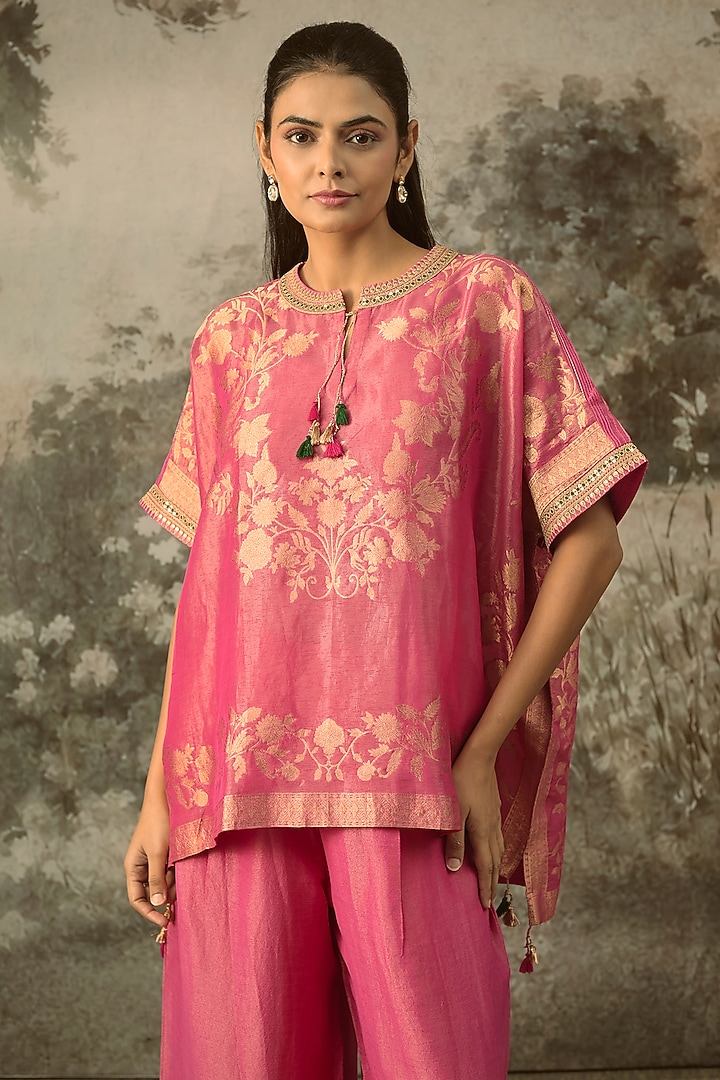 Rani Pink Fine Chanderi Tissue Floral Embroidered Co-Ord Set by SHRADDHA RAMBHIA at Pernia's Pop Up Shop