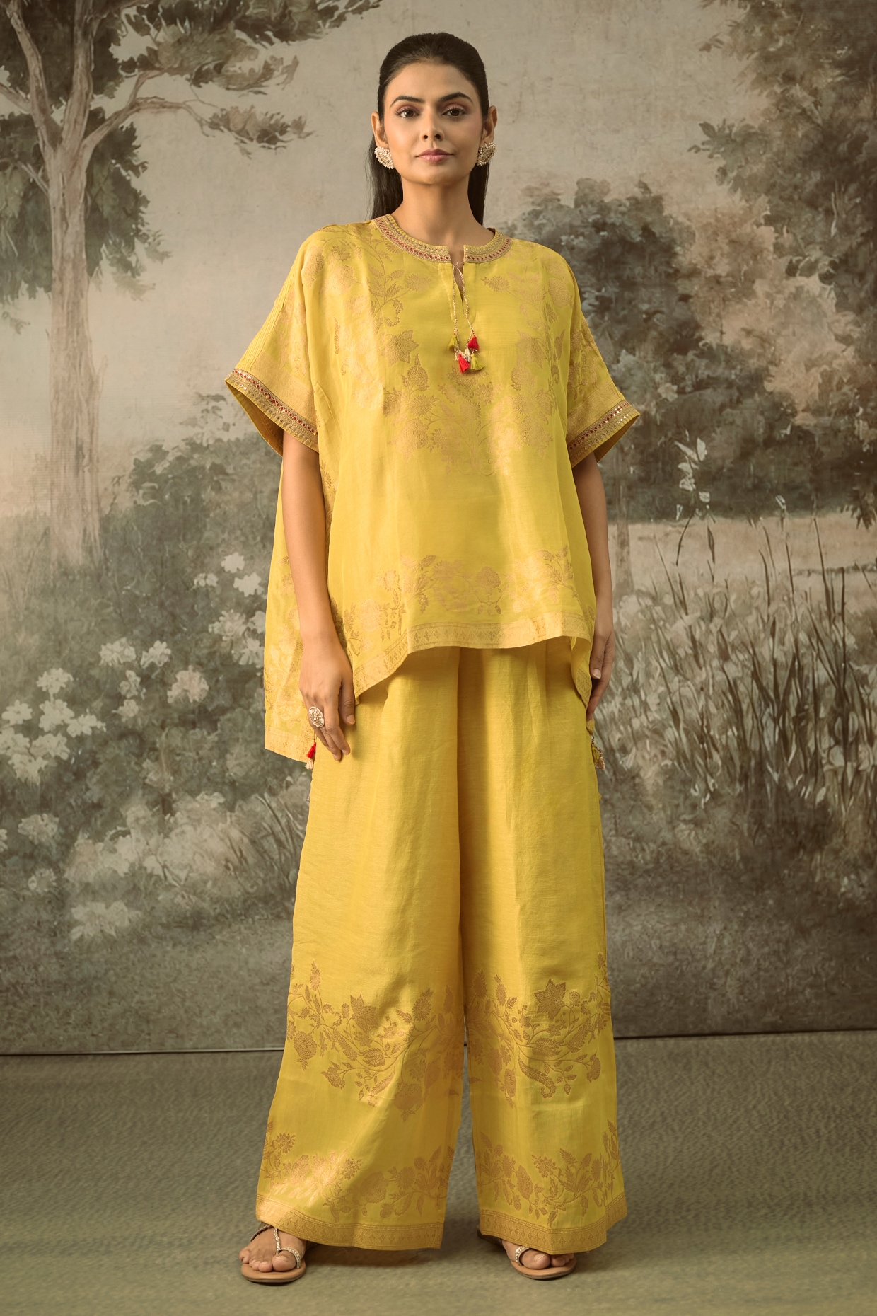 SHRADDHA RAMBHIA Mustard Fine Chanderi Tissue Floral Embroidered Co-Ord Set