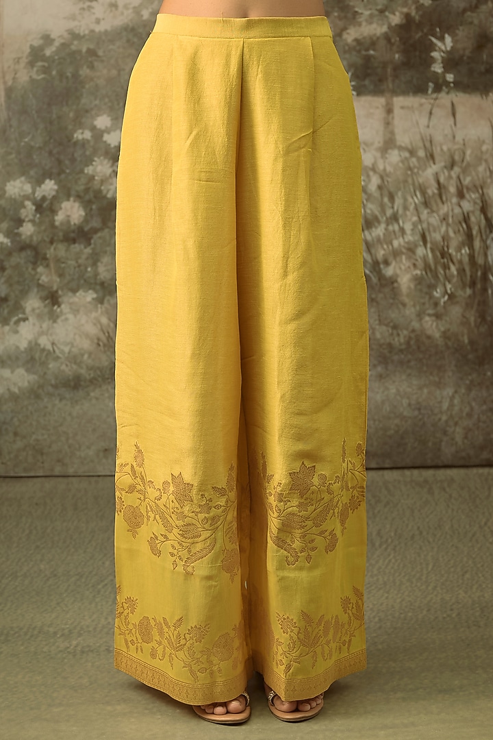 Mustard Fine Chanderi Tissue Floral Embroidered Co-Ord Set by SHRADDHA RAMBHIA at Pernia's Pop Up Shop