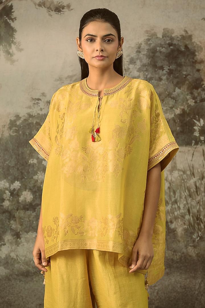 Mustard Fine Chanderi Tissue Floral Embroidered Co-Ord Set by SHRADDHA RAMBHIA at Pernia's Pop Up Shop