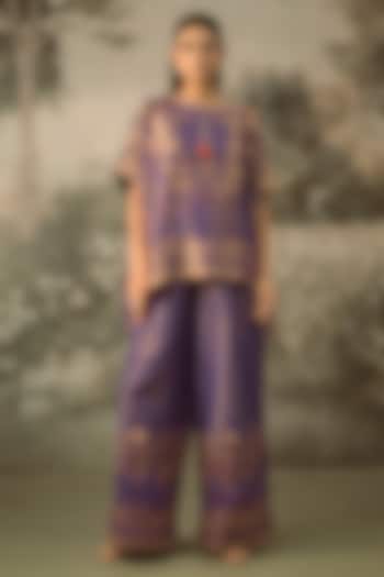 Purple Fine Chanderi Tissue Floral Embroidered Co-Ord Set by SHRADDHA RAMBHIA at Pernia's Pop Up Shop
