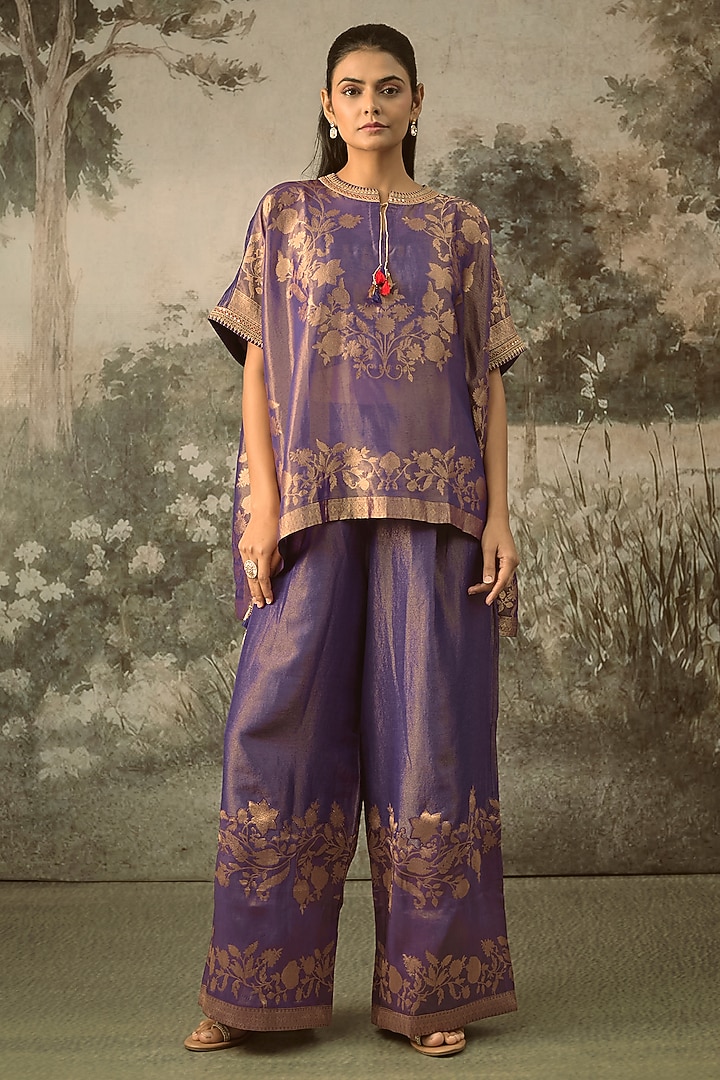 Purple Fine Chanderi Tissue Floral Embroidered Co-Ord Set by SHRADDHA RAMBHIA at Pernia's Pop Up Shop