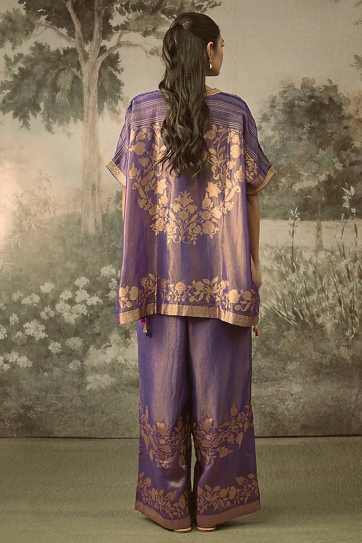 Purple Fine Chanderi Tissue Floral Embroidered Co-Ord Set by SHRADDHA RAMBHIA at Pernia's Pop Up Shop
