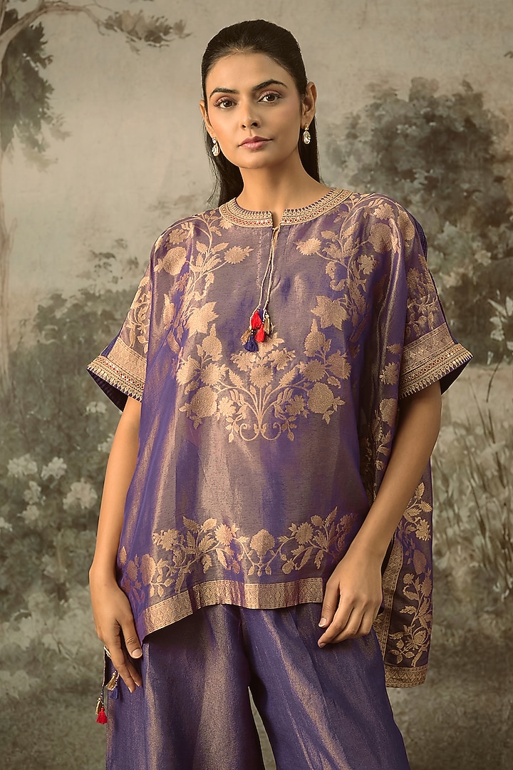 Purple Fine Chanderi Tissue Floral Embroidered Co-Ord Set by SHRADDHA RAMBHIA at Pernia's Pop Up Shop