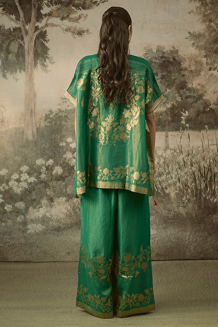 Bottle Green Fine Chanderi Tissue Floral Embroidered Co-Ord Set by SHRADDHA RAMBHIA at Pernia's Pop Up Shop