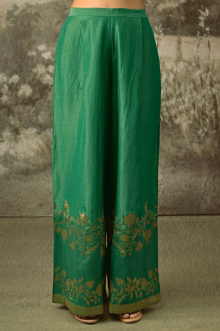 Bottle Green Fine Chanderi Tissue Floral Embroidered Co-Ord Set by SHRADDHA RAMBHIA at Pernia's Pop Up Shop