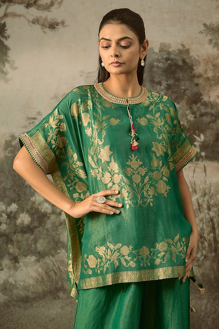 Bottle Green Fine Chanderi Tissue Floral Embroidered Co-Ord Set by SHRADDHA RAMBHIA at Pernia's Pop Up Shop