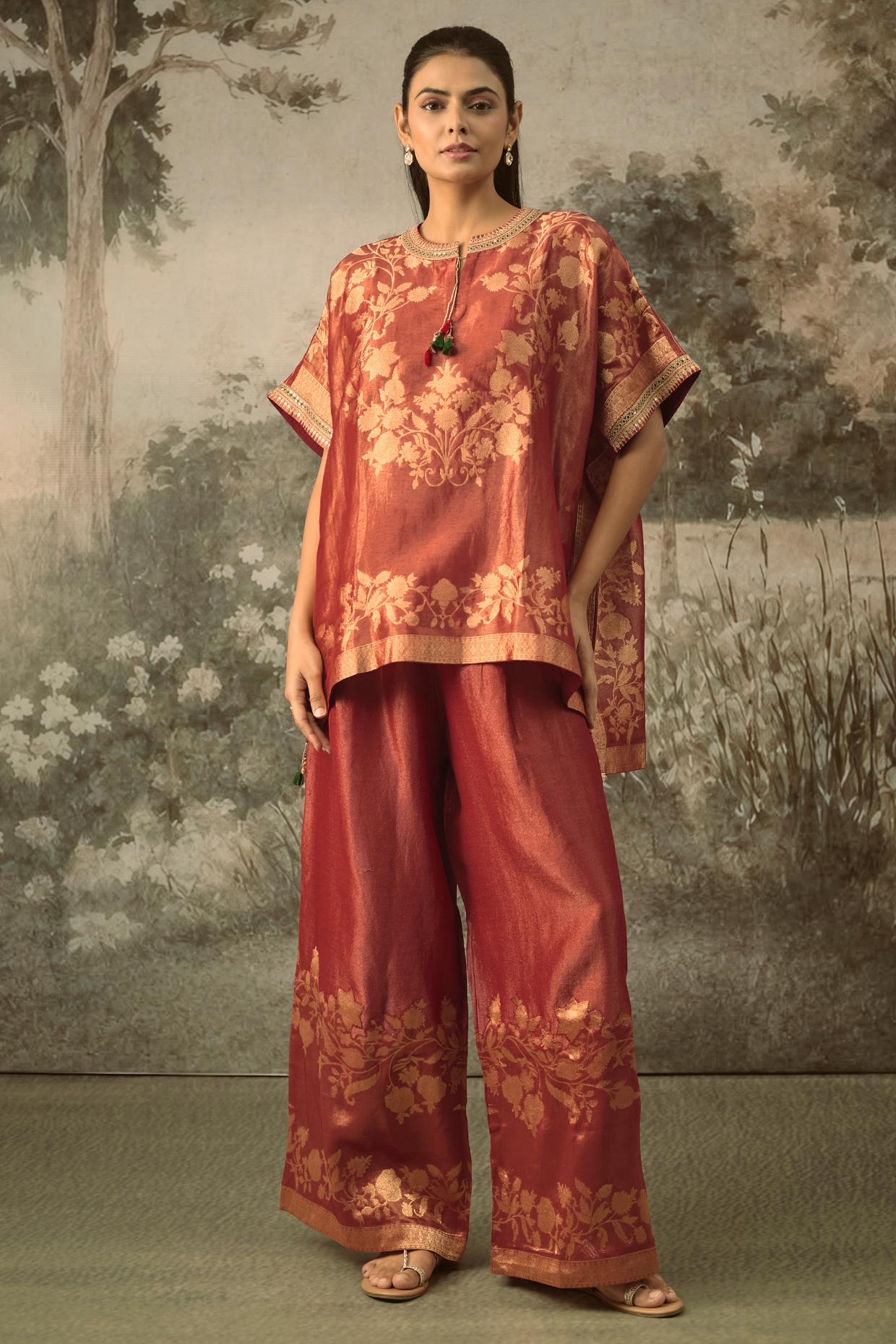 SHRADDHA RAMBHIA Red Fine Chanderi Tissue Floral Embroidered Co-Ord Set