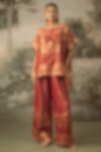 Red Fine Chanderi Tissue Floral Embroidered Co-Ord Set by SHRADDHA RAMBHIA at Pernia's Pop Up Shop