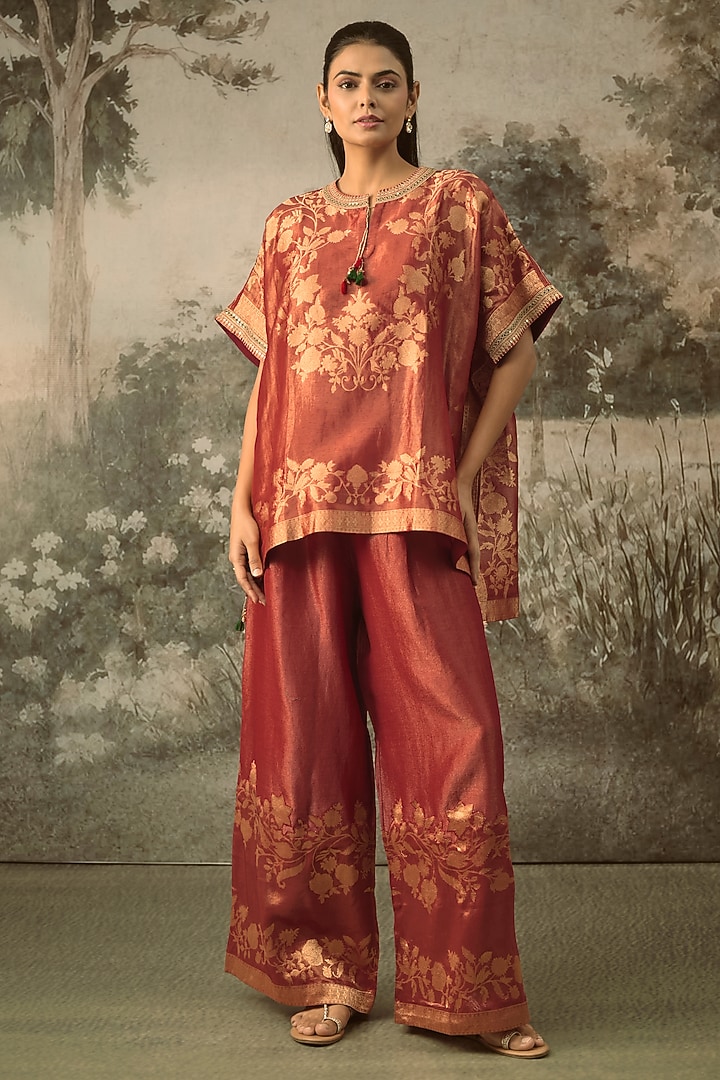 Red Fine Chanderi Tissue Floral Embroidered Co-Ord Set by SHRADDHA RAMBHIA at Pernia's Pop Up Shop