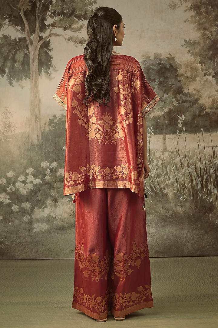 Red Fine Chanderi Tissue Floral Embroidered Co-Ord Set by SHRADDHA RAMBHIA at Pernia's Pop Up Shop