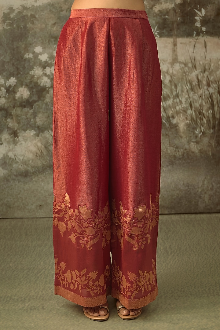 Red Fine Chanderi Tissue Floral Embroidered Co-Ord Set by SHRADDHA RAMBHIA at Pernia's Pop Up Shop