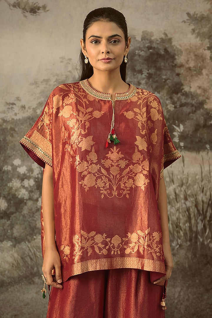 Red Fine Chanderi Tissue Floral Embroidered Co-Ord Set by SHRADDHA RAMBHIA at Pernia's Pop Up Shop