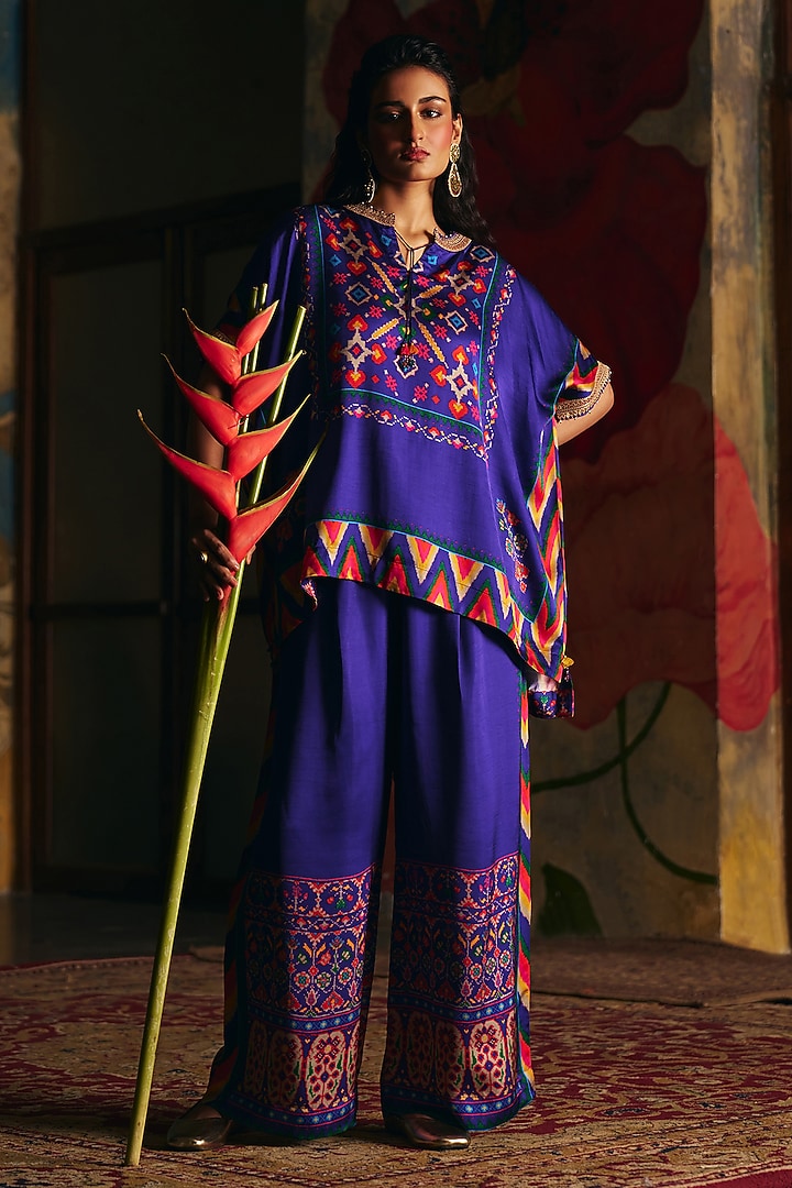 Purple Vegan Satin Raw Silk Patola Printed Co-Ord Set by SHRADDHA RAMBHIA at Pernia's Pop Up Shop