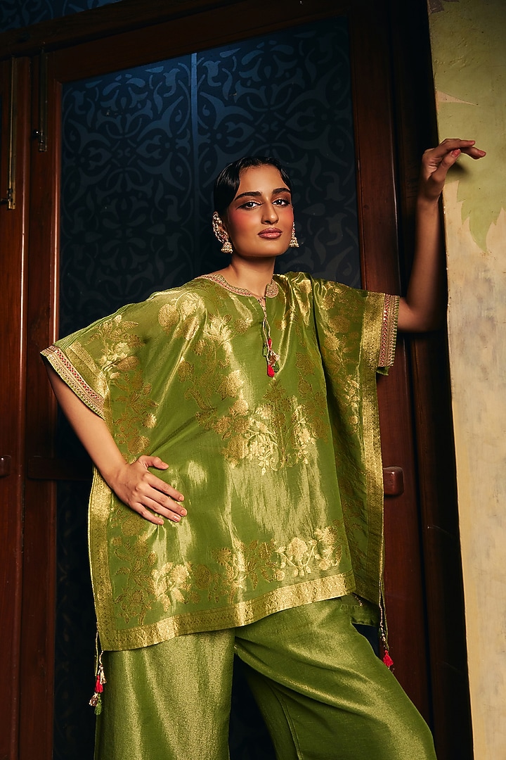 Mehendi Green Fine Chanderi Jacquard Tissue Co-Ord Set by SHRADDHA RAMBHIA at Pernia's Pop Up Shop