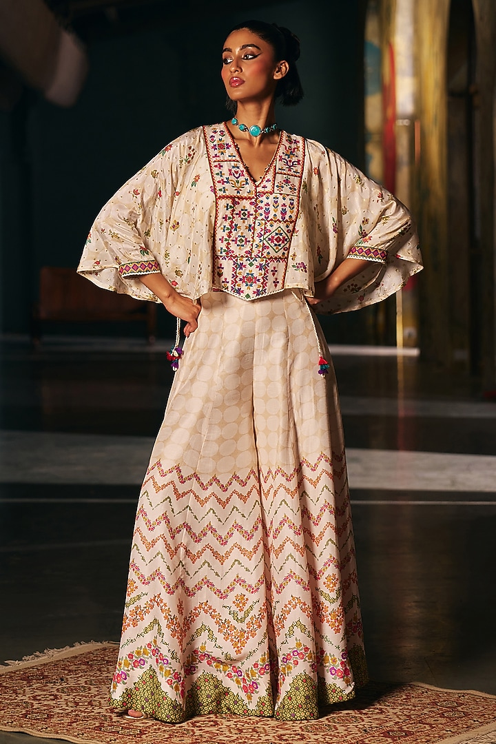 Ivory Vegan Slub Flared Palazzo Set by SHRADDHA RAMBHIA at Pernia's Pop Up Shop