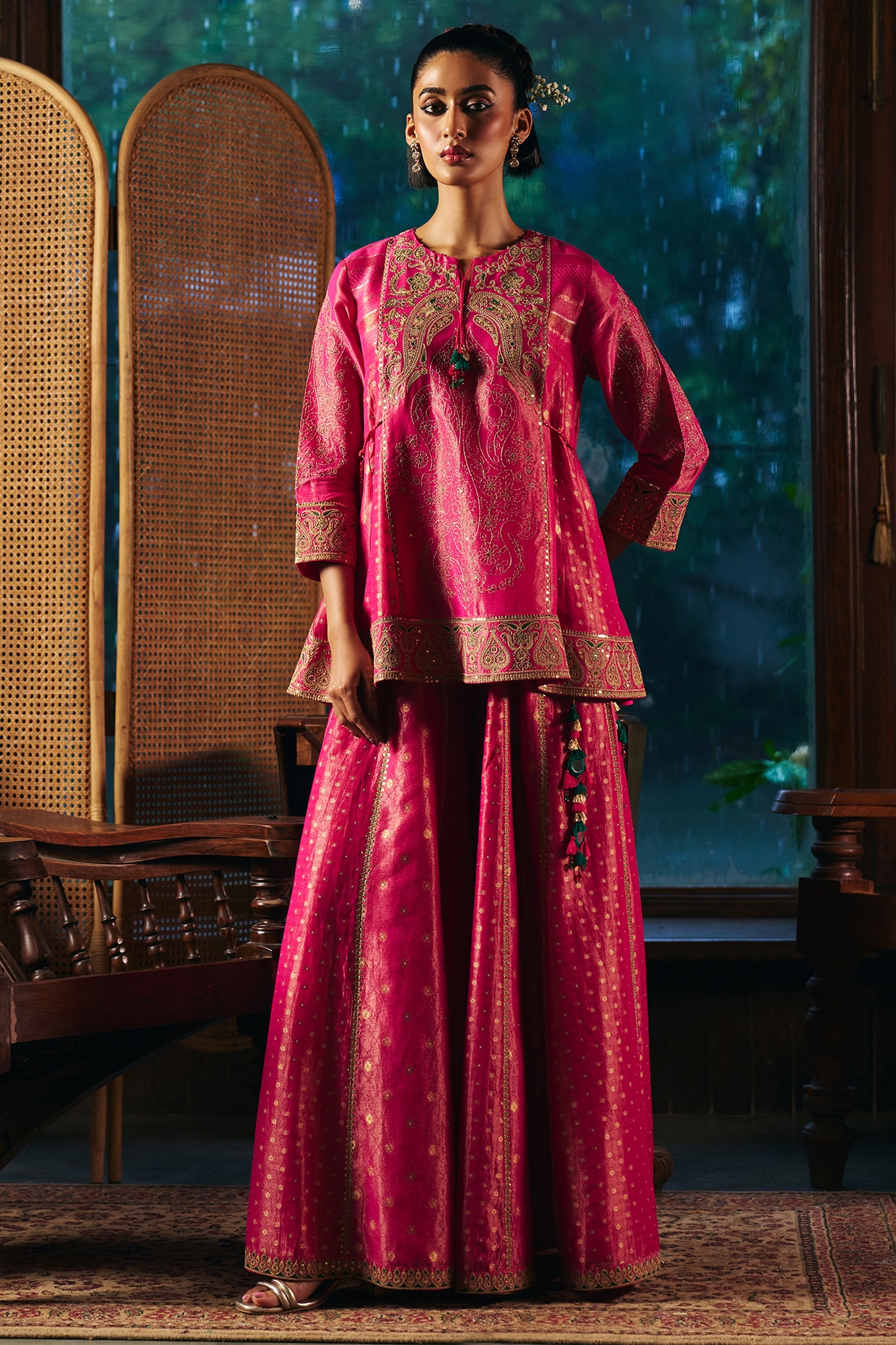 SHRADDHA RAMBHIA Rani Pink Fine Chanderi Tissue Short Kurta Set