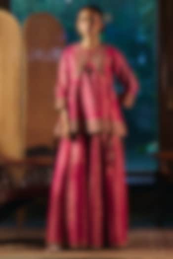 Rani Pink Fine Chanderi Tissue Short Kurta Set by SHRADDHA RAMBHIA at Pernia's Pop Up Shop