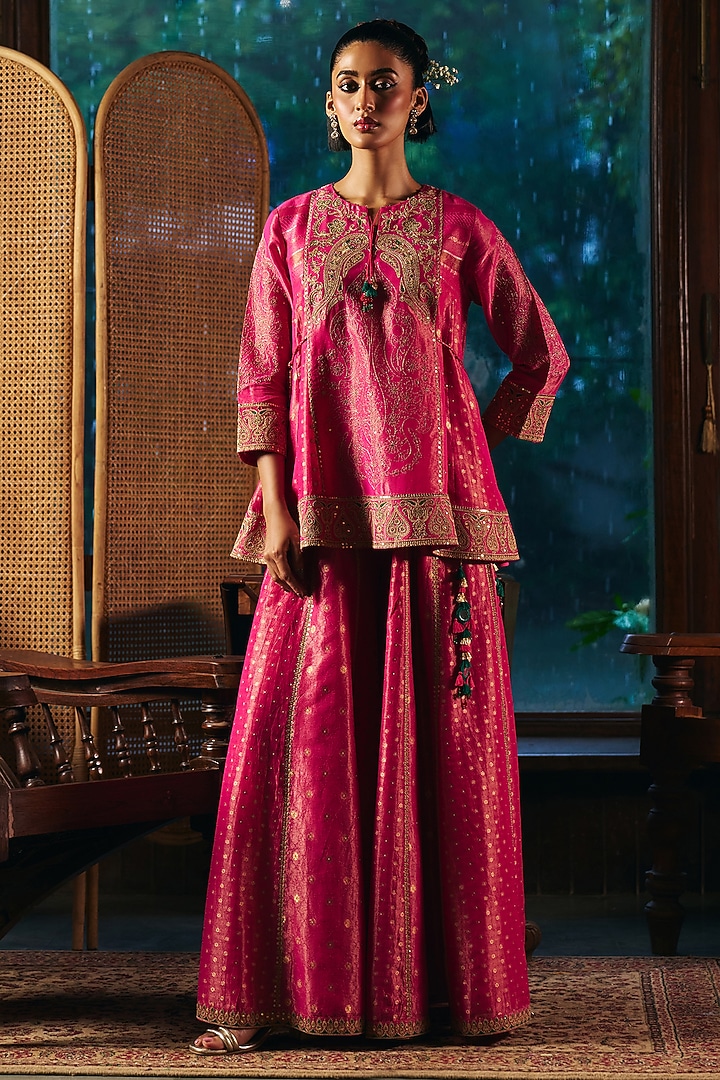Rani Pink Fine Chanderi Tissue Short Kurta Set by SHRADDHA RAMBHIA at Pernia's Pop Up Shop
