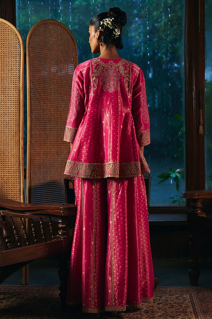 Rani Pink Fine Chanderi Tissue Short Kurta Set by SHRADDHA RAMBHIA at Pernia's Pop Up Shop