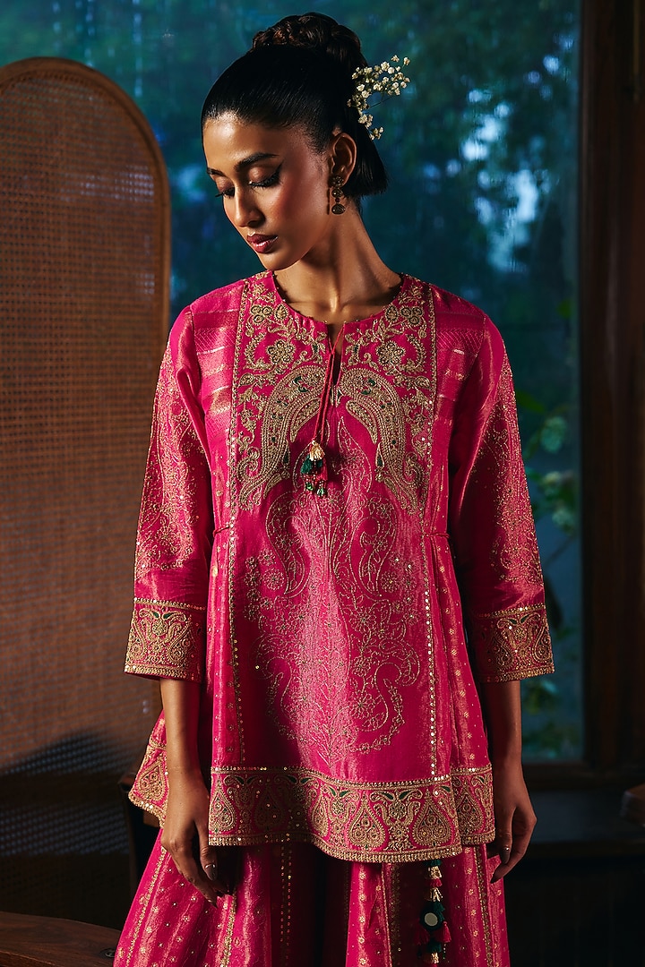Rani Pink Fine Chanderi Tissue Short Kurta Set by SHRADDHA RAMBHIA at Pernia's Pop Up Shop