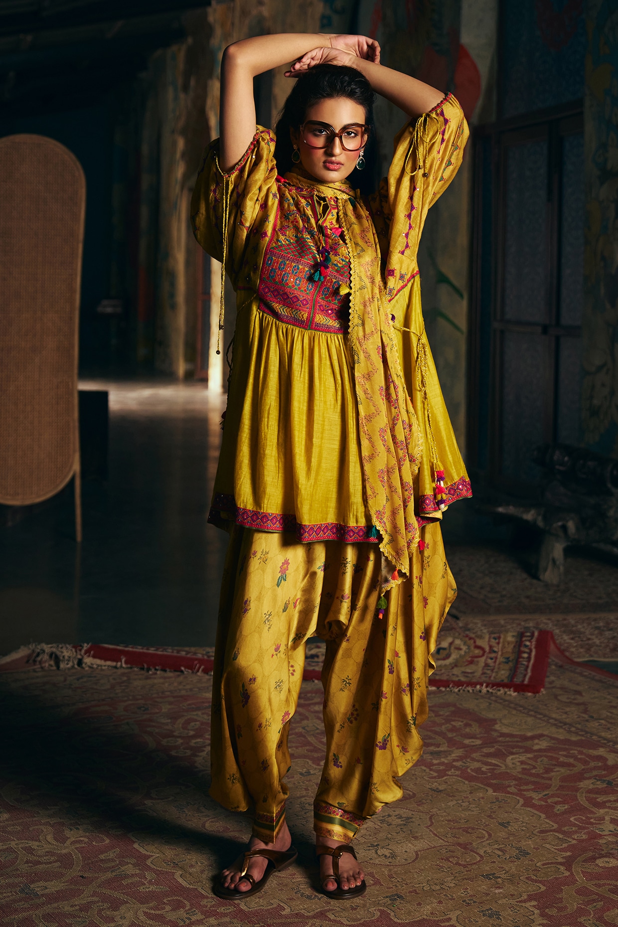 SHRADDHA RAMBHIA Mustard Yellow Linen Silk Cross-Stitch Embroidered Kurta Set