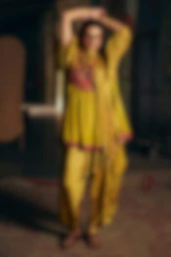 Mustard Yellow Linen Silk Cross-Stitch Embroidered Kurta Set by SHRADDHA RAMBHIA at Pernia's Pop Up Shop