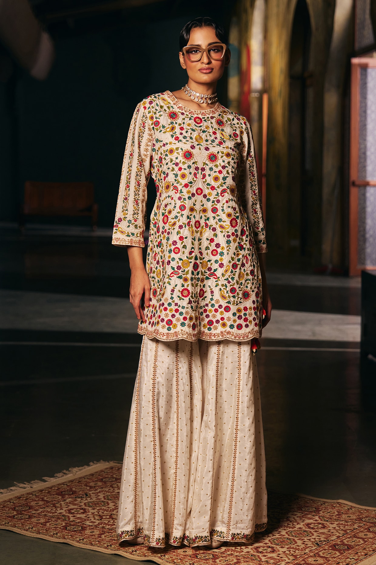 SHRADDHA RAMBHIA Ivory Vegan Slub Resham Embroidered Short Kurta Set