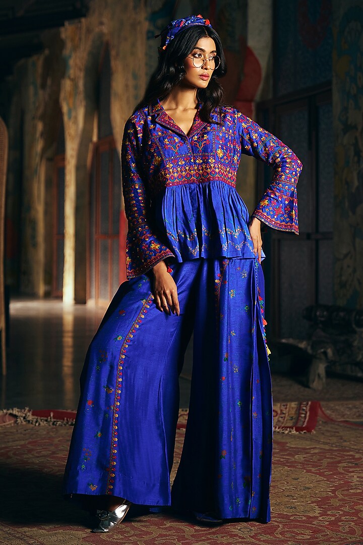 Royal Blue Vegan Slub Palazzo Set by SHRADDHA RAMBHIA at Pernia's Pop Up Shop