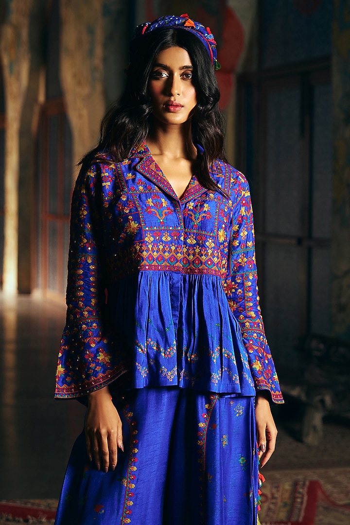 Royal Blue Vegan Slub Palazzo Set by SHRADDHA RAMBHIA at Pernia's Pop Up Shop
