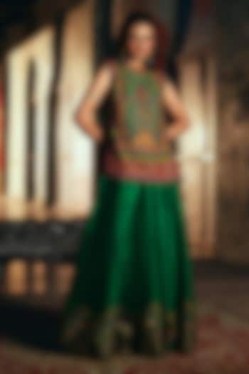 Bottle Green Vegan Slub Silk Skirt Set by SHRADDHA RAMBHIA at Pernia's Pop Up Shop