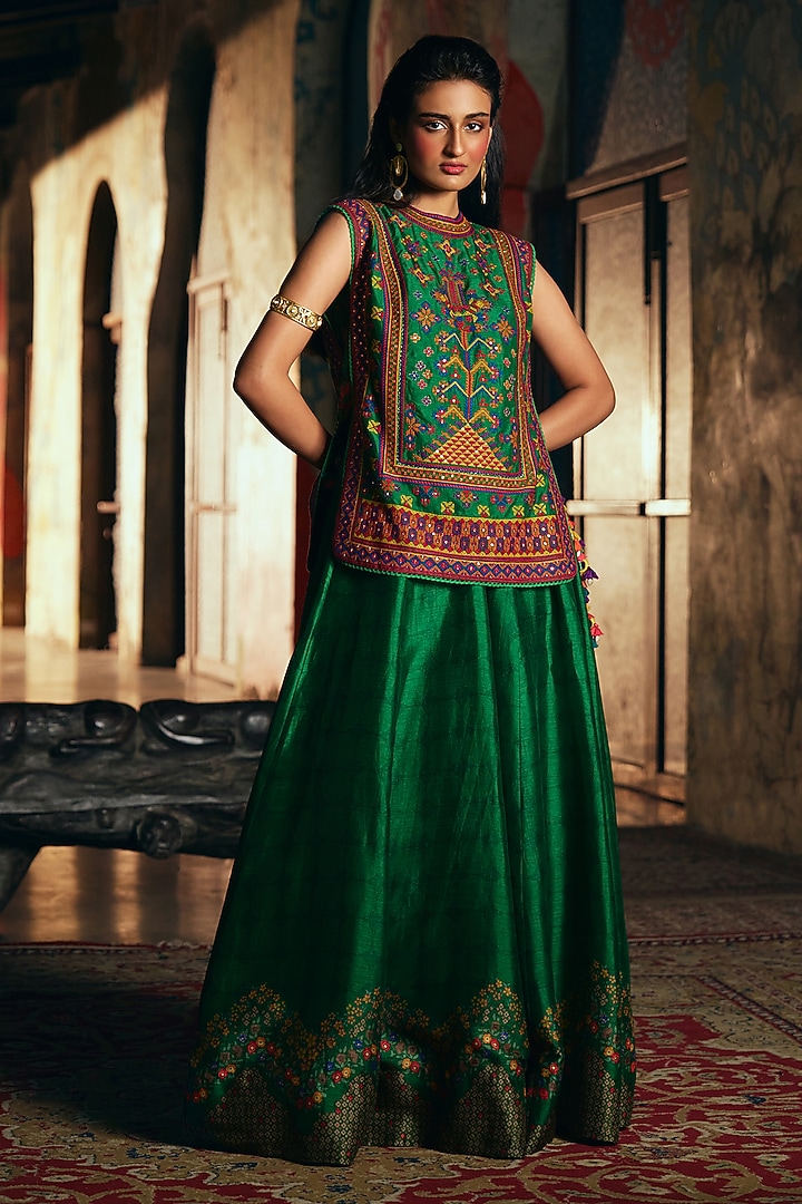 Bottle Green Vegan Slub Silk Skirt Set by SHRADDHA RAMBHIA at Pernia's Pop Up Shop