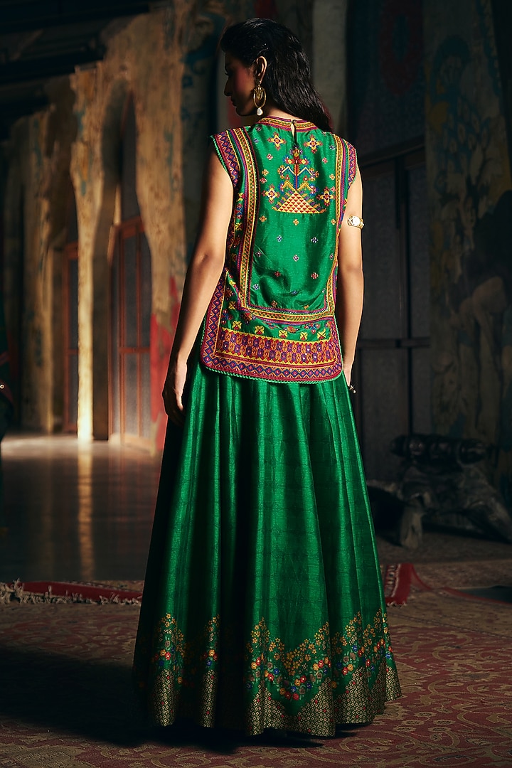 Bottle Green Vegan Slub Silk Skirt Set by SHRADDHA RAMBHIA at Pernia's Pop Up Shop