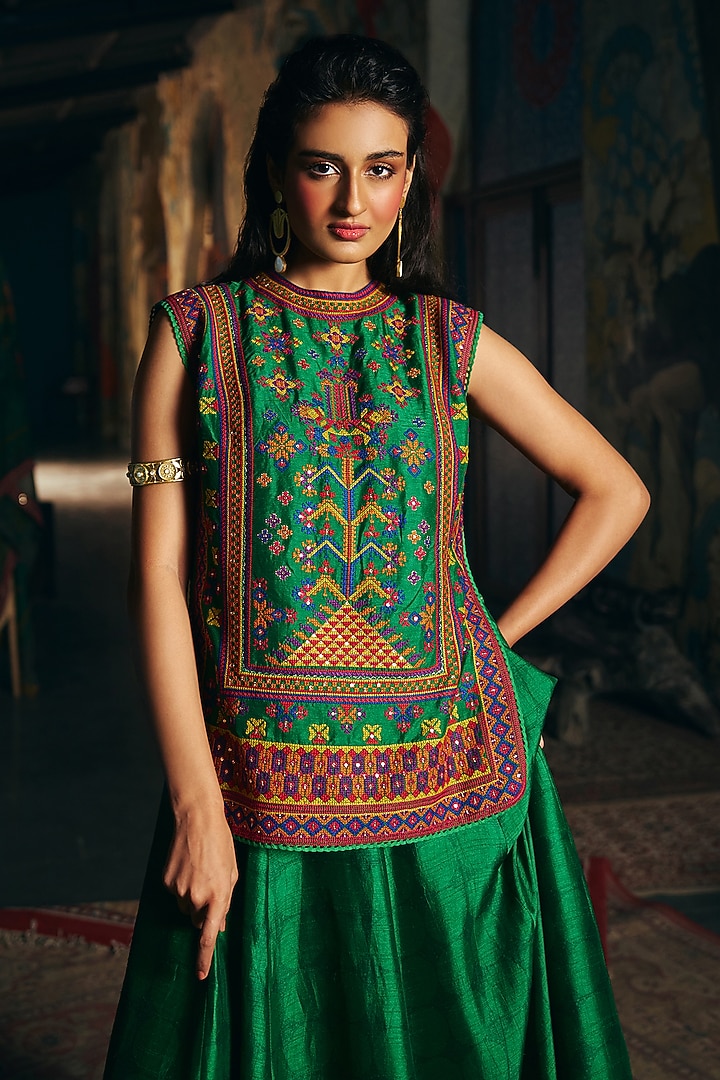 Bottle Green Vegan Slub Silk Skirt Set by SHRADDHA RAMBHIA at Pernia's Pop Up Shop