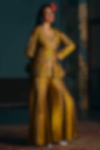 Mustard Vegan Slub Silk Palazzo Set by SHRADDHA RAMBHIA at Pernia's Pop Up Shop
