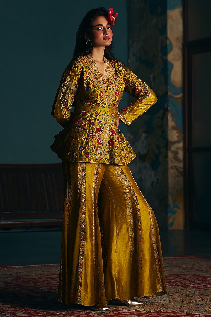 Mustard Vegan Slub Silk Palazzo Set by SHRADDHA RAMBHIA at Pernia's Pop Up Shop