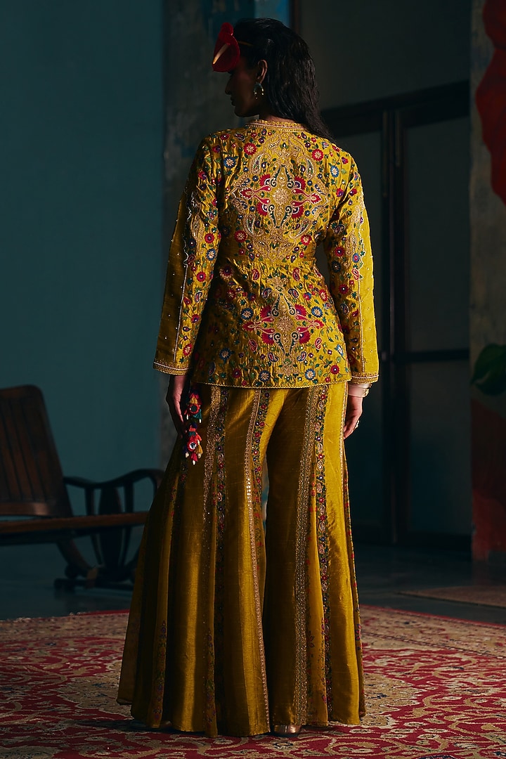 Mustard Vegan Slub Silk Palazzo Set by SHRADDHA RAMBHIA at Pernia's Pop Up Shop