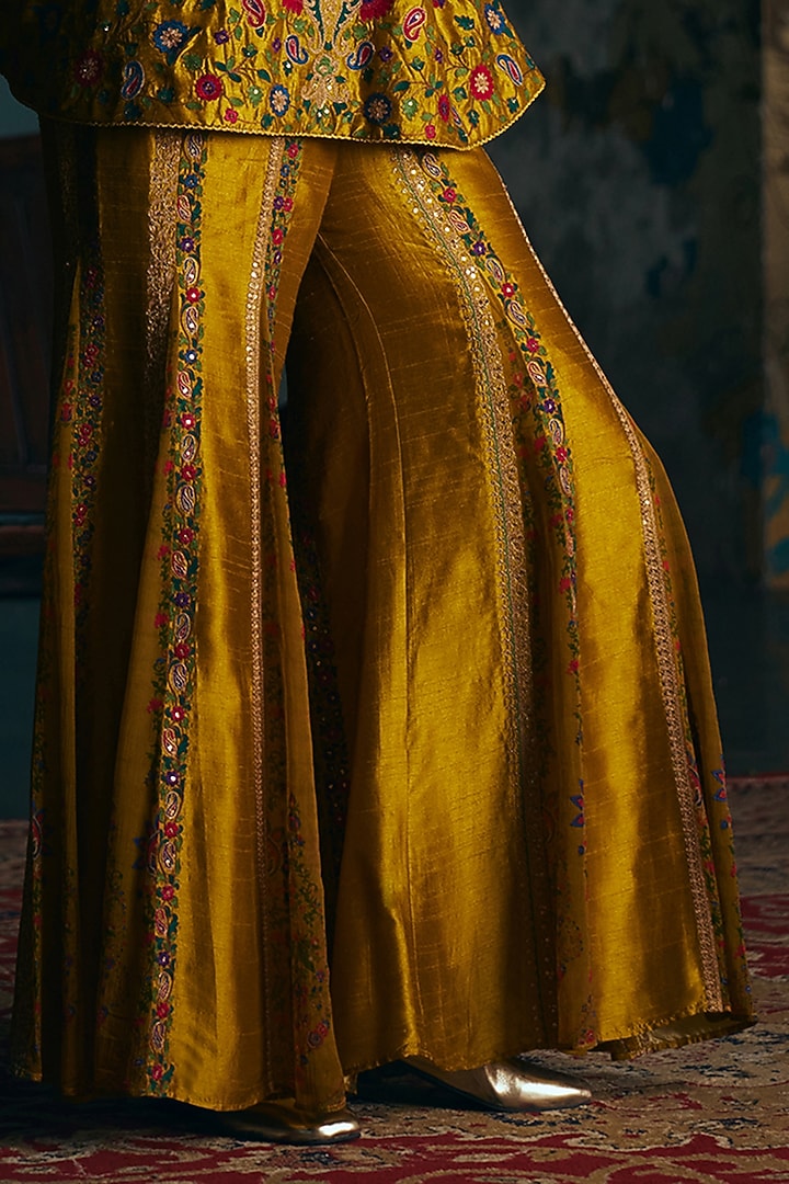 Mustard Vegan Slub Silk Palazzo Set by SHRADDHA RAMBHIA at Pernia's Pop Up Shop