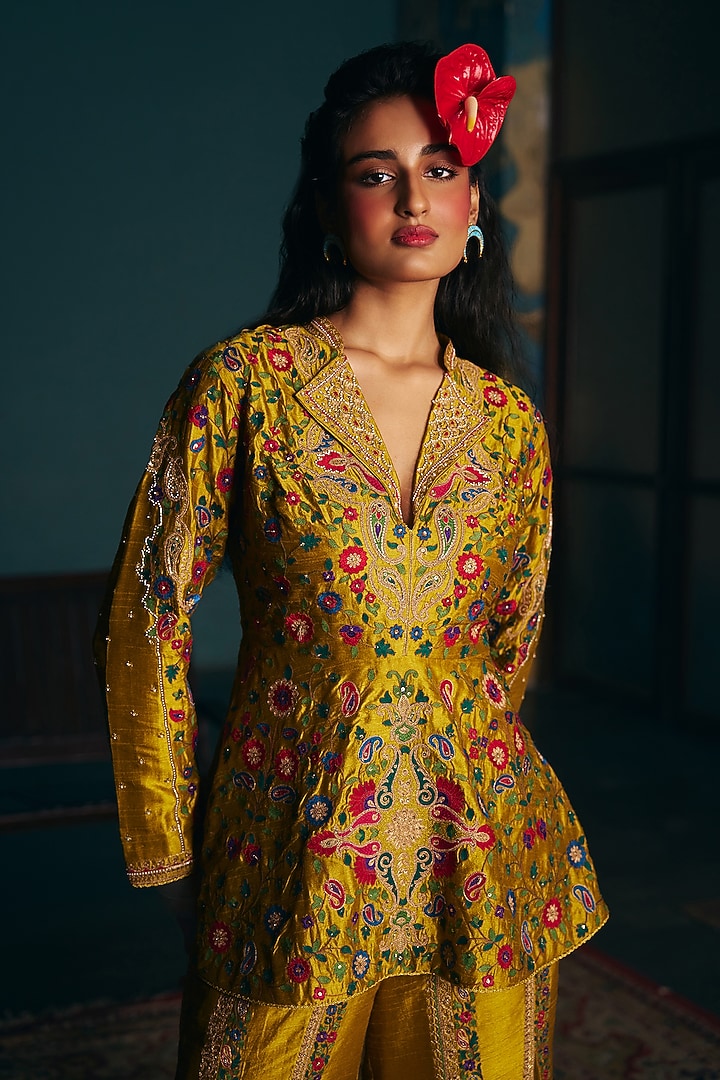 Mustard Vegan Slub Silk Palazzo Set by SHRADDHA RAMBHIA at Pernia's Pop Up Shop