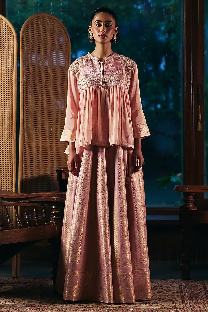 Blush Pink Brocade Satin Skirt Set by SHRADDHA RAMBHIA at Pernia's Pop Up Shop