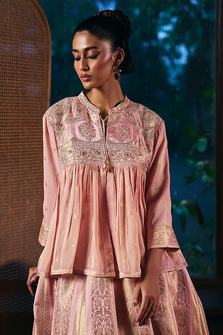 Blush Pink Brocade Satin Skirt Set by SHRADDHA RAMBHIA at Pernia's Pop Up Shop
