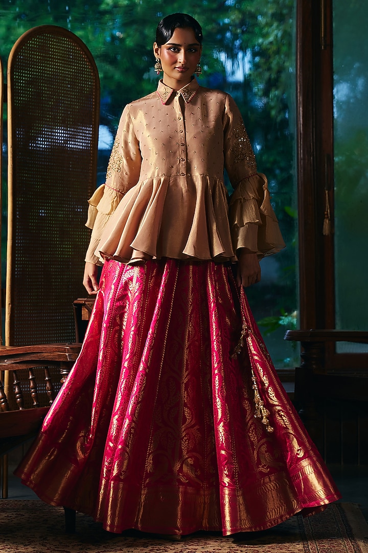 Rani Pink Brocade Satin Skirt Set by SHRADDHA RAMBHIA at Pernia's Pop Up Shop
