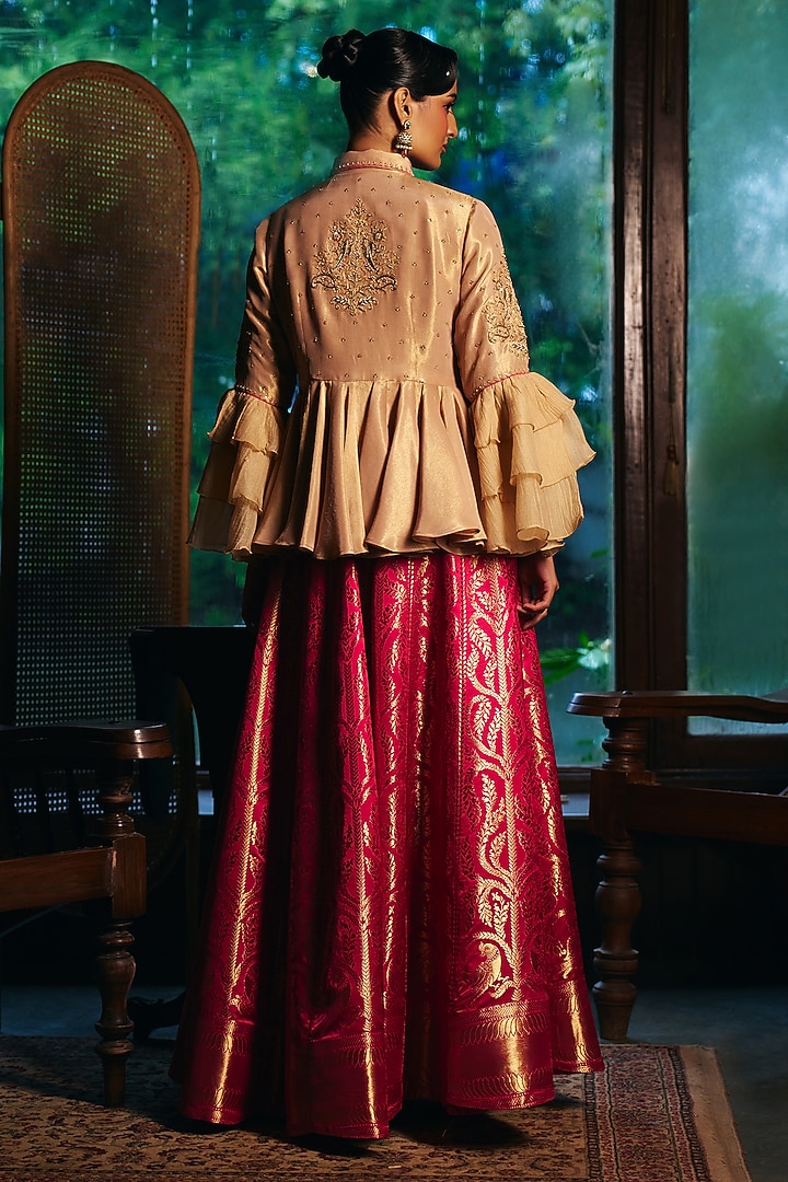 Rani Pink Brocade Satin Skirt Set by SHRADDHA RAMBHIA at Pernia's Pop Up Shop