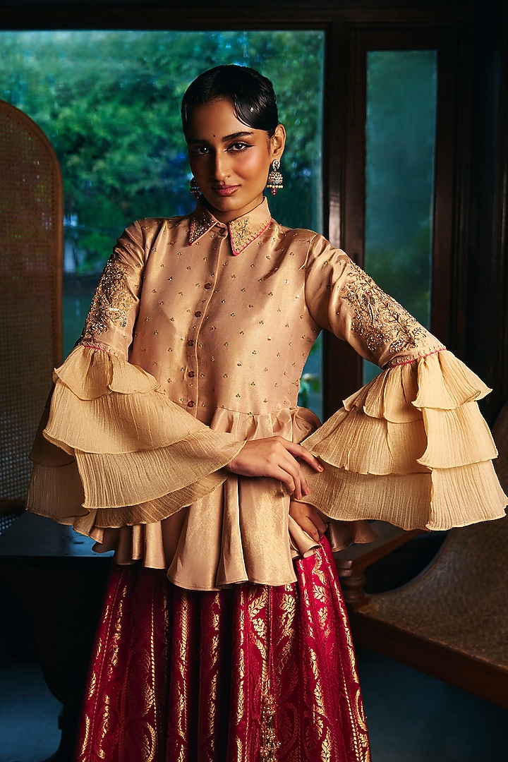 Rani Pink Brocade Satin Skirt Set by SHRADDHA RAMBHIA at Pernia's Pop Up Shop
