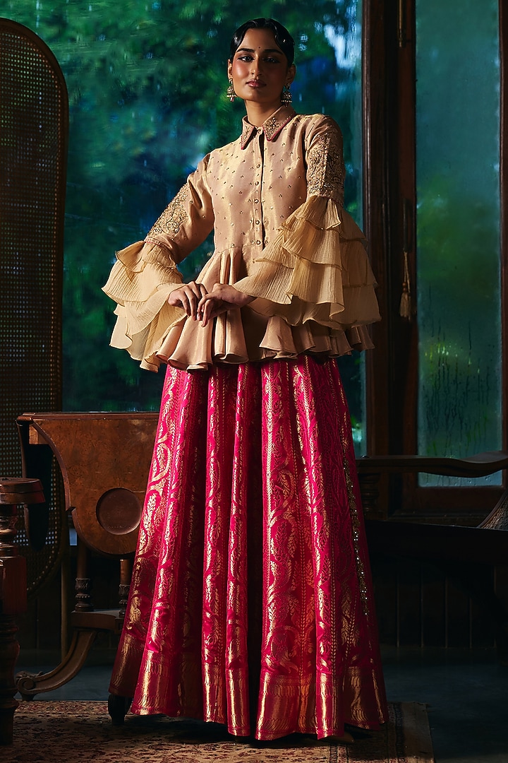 Rani Pink Brocade Satin Skirt Set by SHRADDHA RAMBHIA at Pernia's Pop Up Shop