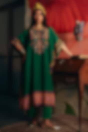 Bottle Green Vegan Slub Silk Kaftan-Style Kurta Set by SHRADDHA RAMBHIA at Pernia's Pop Up Shop