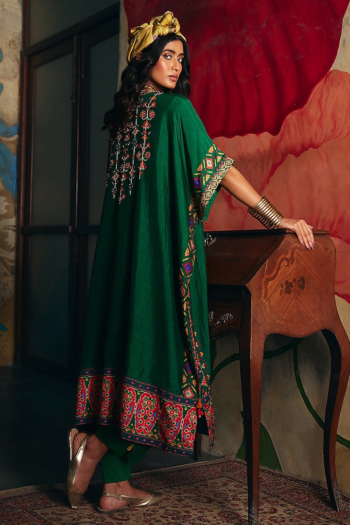 Bottle Green Vegan Slub Silk Kaftan-Style Kurta Set by SHRADDHA RAMBHIA at Pernia's Pop Up Shop
