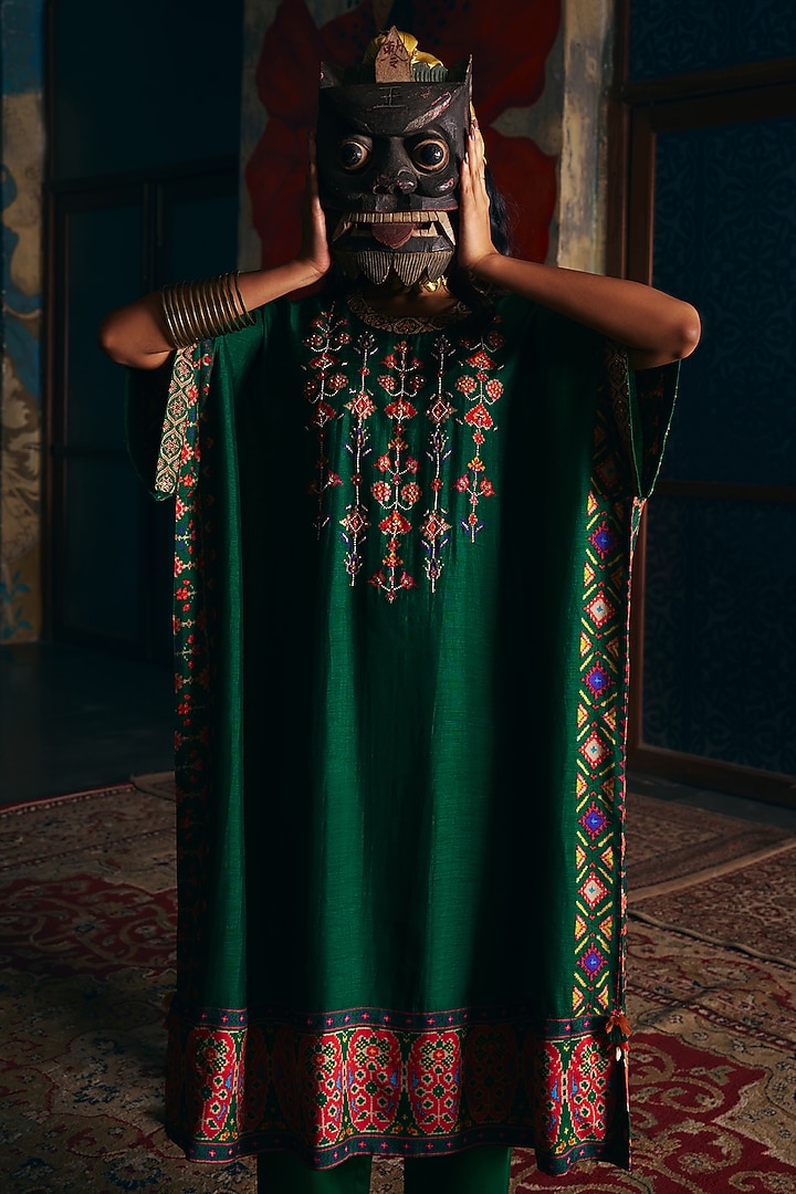 Bottle Green Vegan Slub Silk Kaftan-Style Kurta Set by SHRADDHA RAMBHIA at Pernia's Pop Up Shop