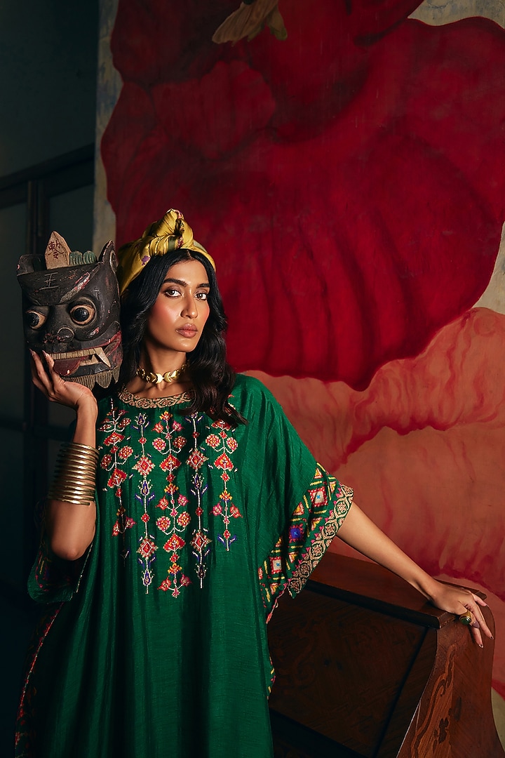 Bottle Green Vegan Slub Silk Kaftan-Style Kurta Set by SHRADDHA RAMBHIA at Pernia's Pop Up Shop