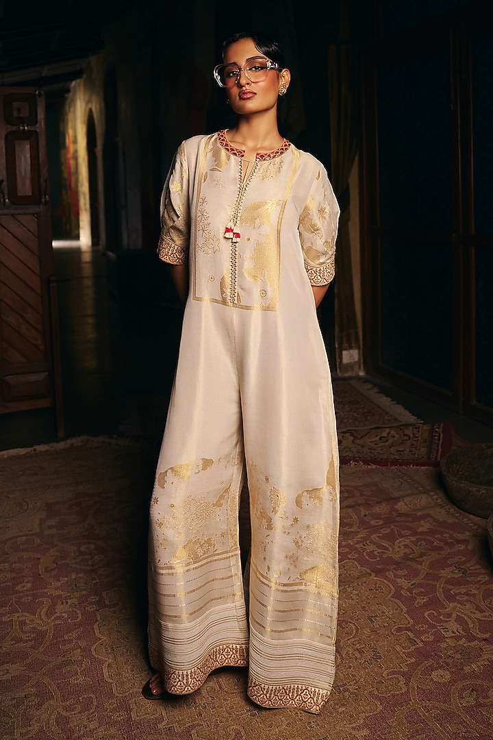 Ivory Fine Chanderi Jacquard Motif Embroidered Jumpsuit by SHRADDHA RAMBHIA at Pernia's Pop Up Shop